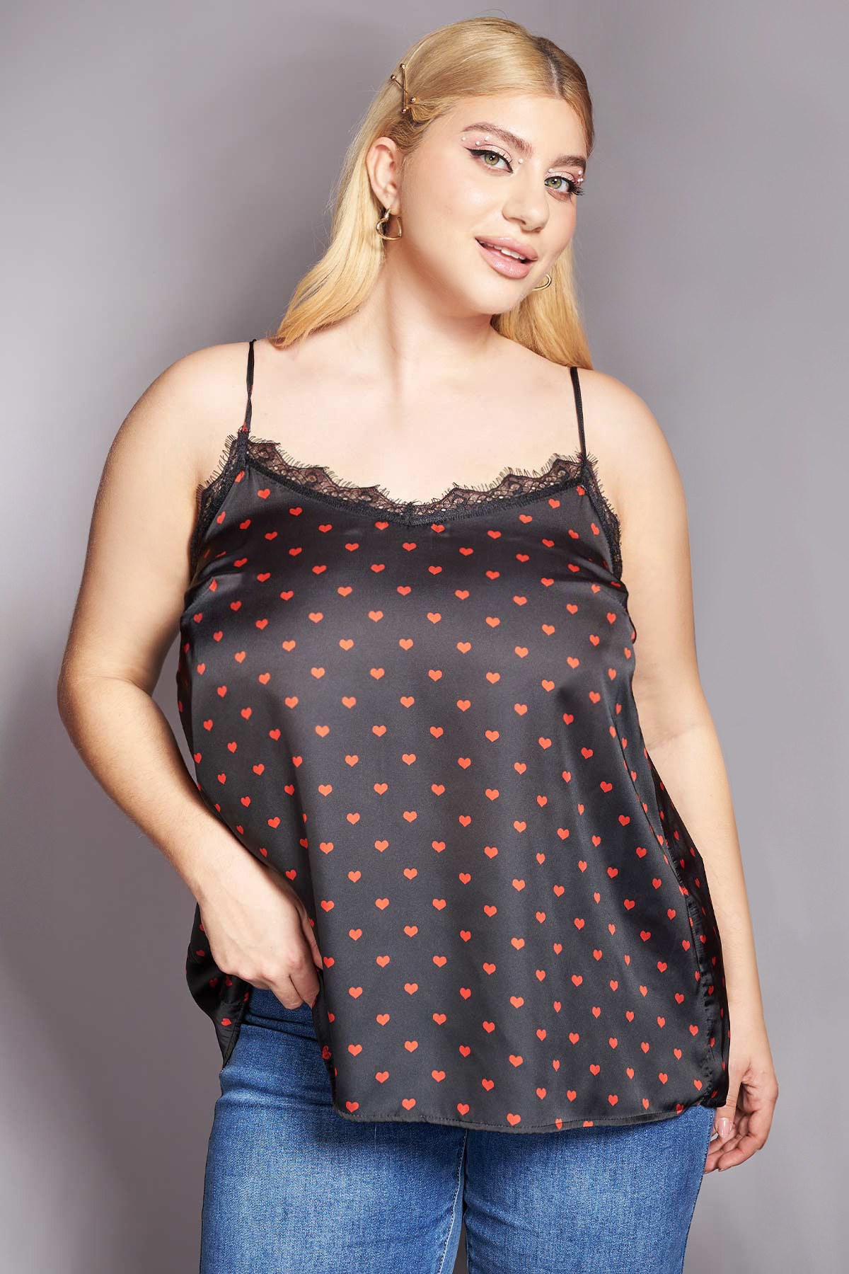 PRBT Lingerie Τοπ σατινέ εμπριμέ με καρδούλες - Μαύρο