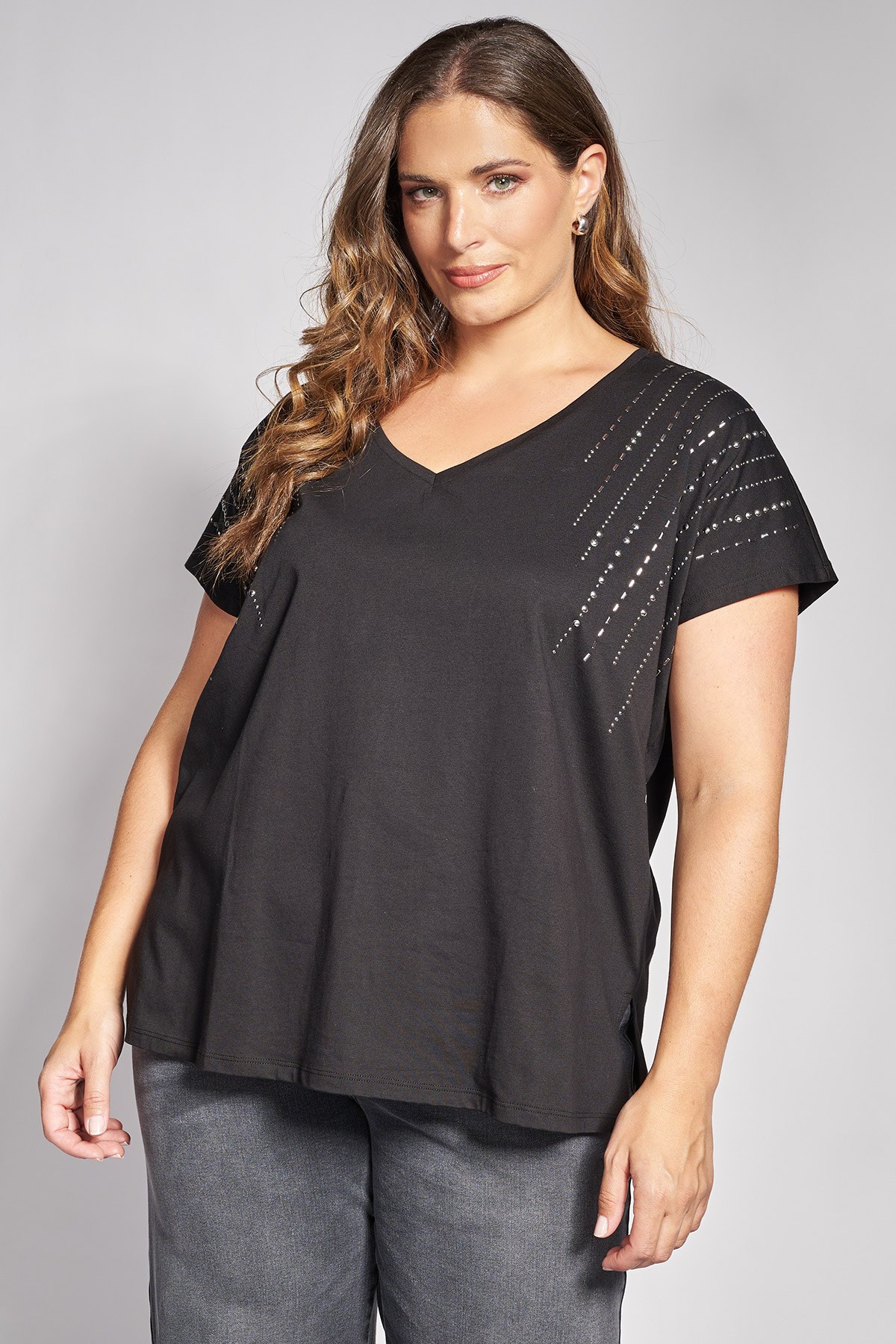 Βαμβακερό T-Shirt με λαμπερές γραμμές από στρας στους ώμους