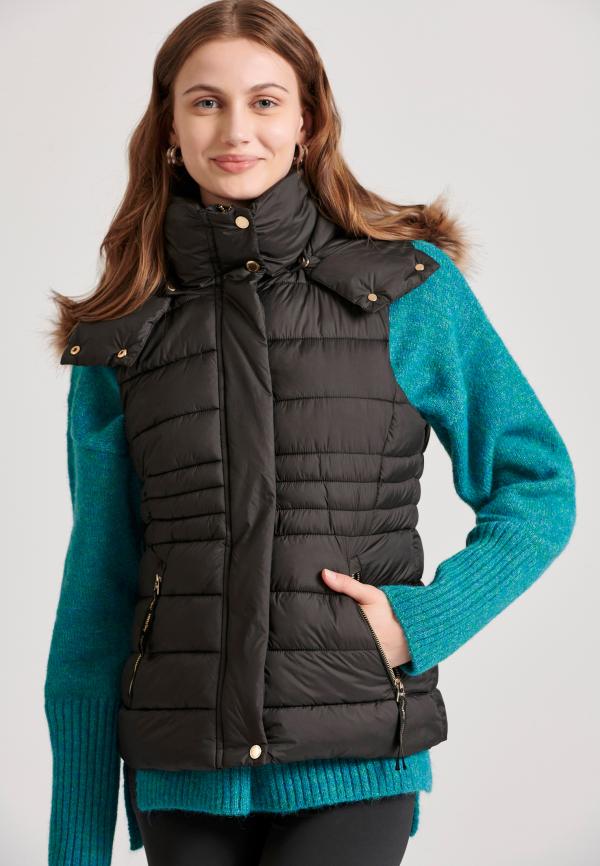 Αμάνικο καπιτονέ puffer μπουφάν με αποσπώμενη γούνα