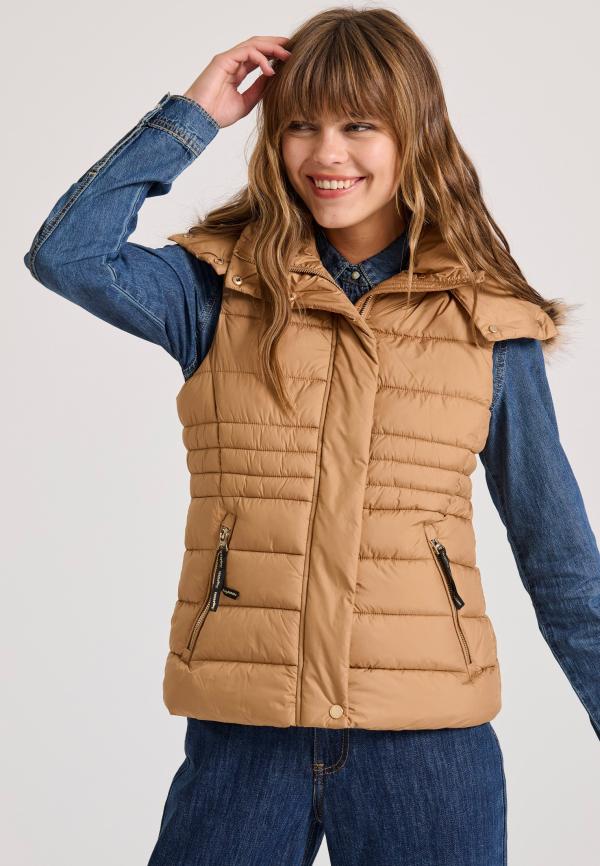 Αμάνικο καπιτονέ puffer μπουφάν με αποσπώμενη γούνα