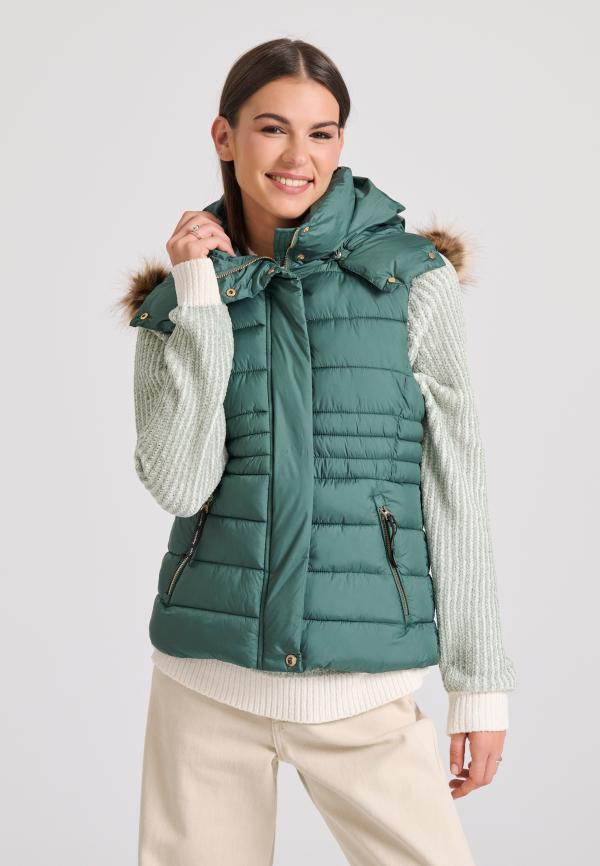 Αμάνικο καπιτονέ puffer μπουφάν με αποσπώμενη γούνα