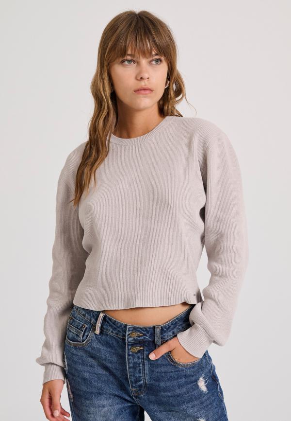 Σενίλ κοντό πουλόβερ με στρογγυλή λαιμόκοψη