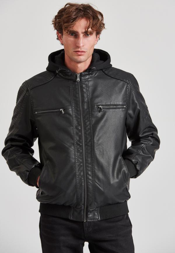 Biker μπουφάν από οικολογικό δέρμα με κουκούλα (PU)