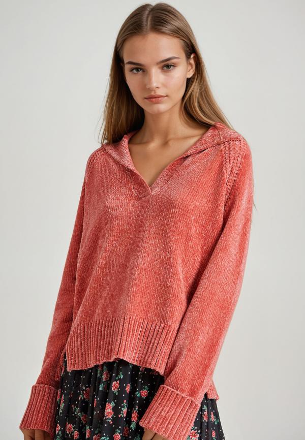 V-neck σενίλ πουλόβερ με δίπλωμα στα μανίκια