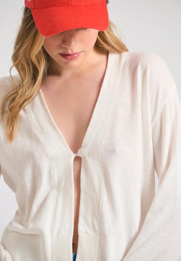 Linen blend πλεκτή ζακέτα με διακοσμητικό κουμπί