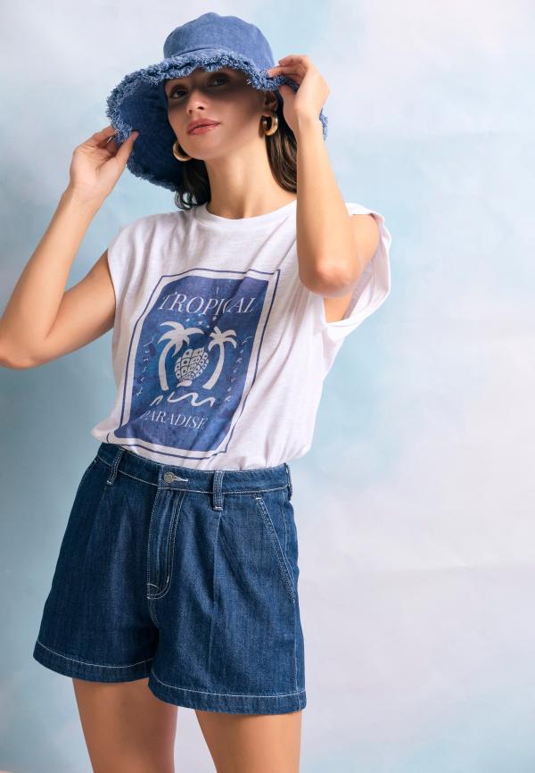 Loose fit lyocell blend τζιν σορτς με πιέτες