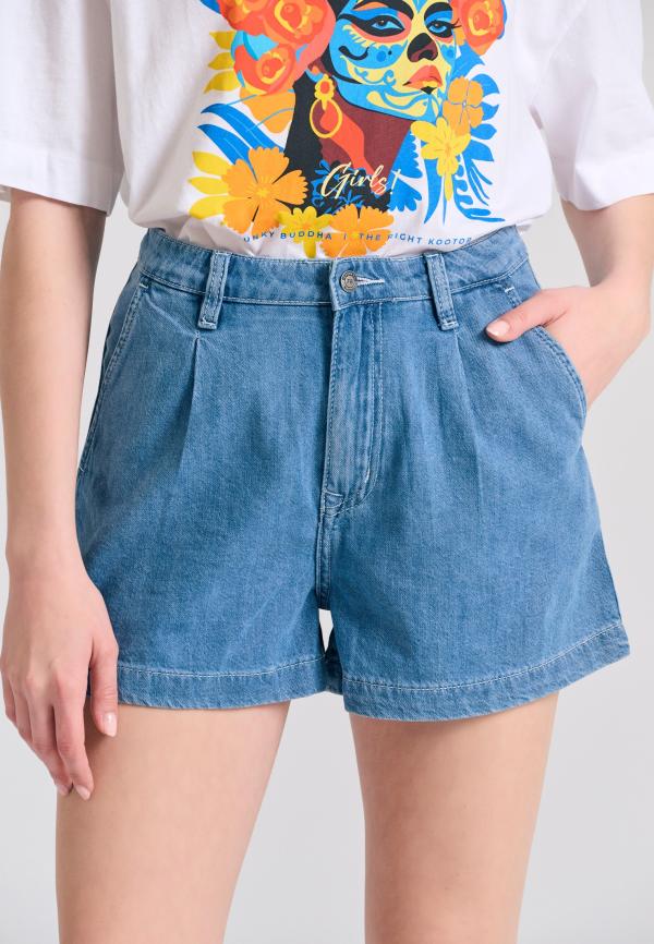 Loose fit lyocell blend τζιν σορτς με πιέτες