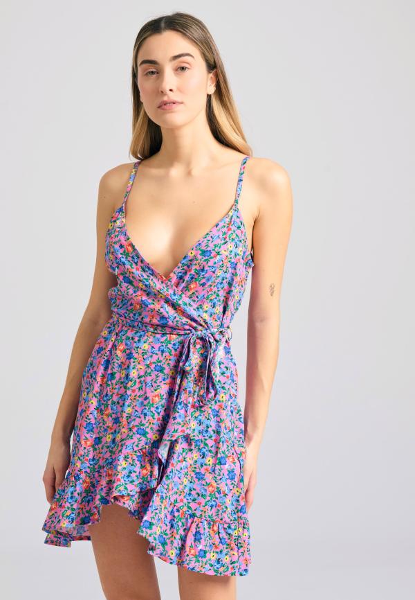 Φλοράλ κρουαζέ μίνι φόρεμα με βολάν