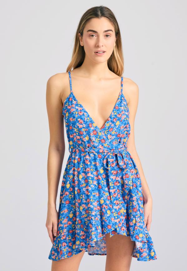 Φλοράλ κρουαζέ μίνι φόρεμα με βολάν