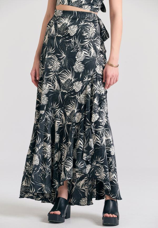 Εμπριμέ μάξι κρουαζέ φούστα με βολάν