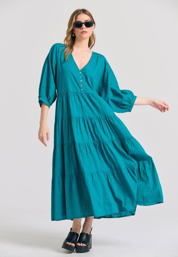 Loose fit σεμιζιέ φόρεμα με βολάν σε ζακάρ ύφανση