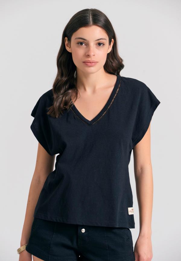 Γυναικείο linen blend μονόχρωμο t-shirt