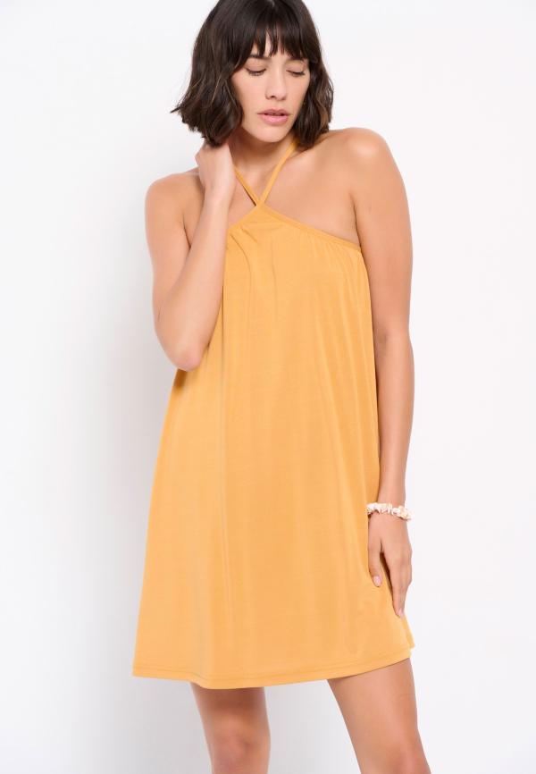 Μονόχρωμο μίνι φόρεμα με χιαστί τιράντες