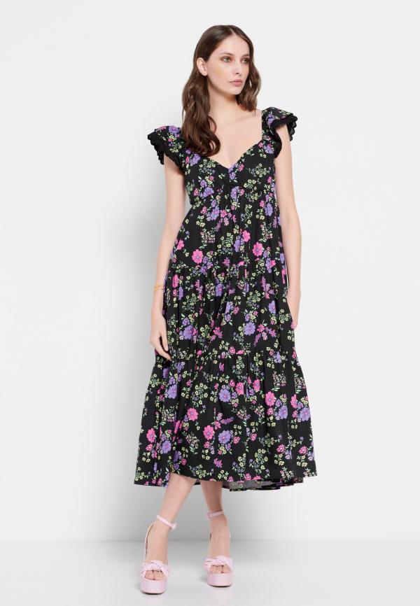 Φλοράλ μάξι φόρεμα με βολάν στους ώμους