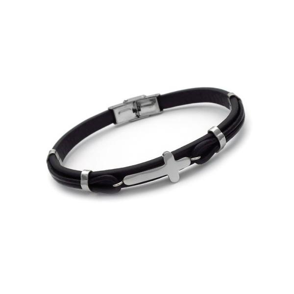 Μοντέρνο ανδρικό βραχιολι με δέρμα μαύρο BA253