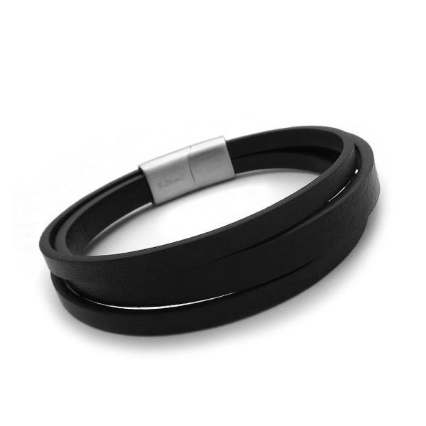 Ανδρικό βραχιόλι με μαύρο δέρμα και ατσάλι BA366