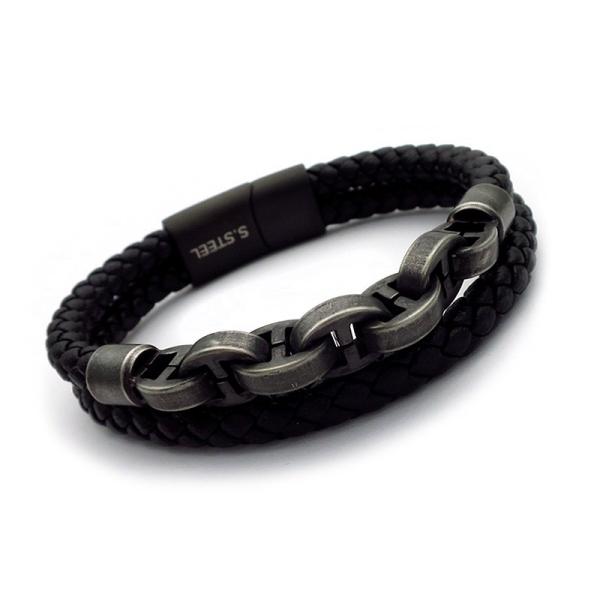 Ανδρικό βραχιόλι με μαύρο δέρμα BA420