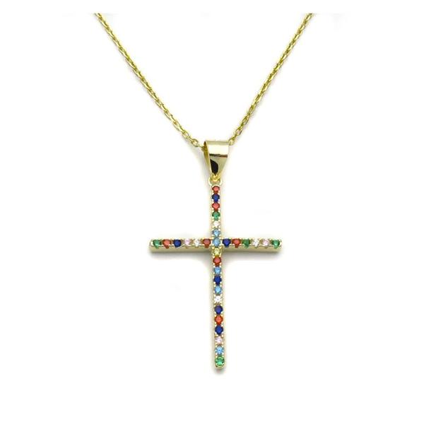 Γυναικείος σταυρός από Ασήμι 925 επίχρυσο με πέτρες SG100