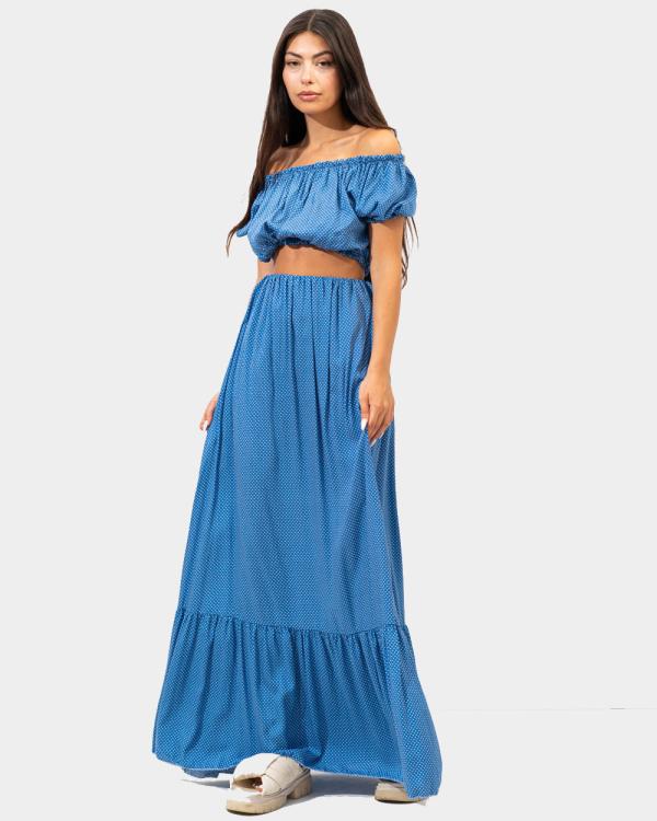 Γυναικείο σετ crop top με σούρες και maxi φούστα με βoλάν πουά