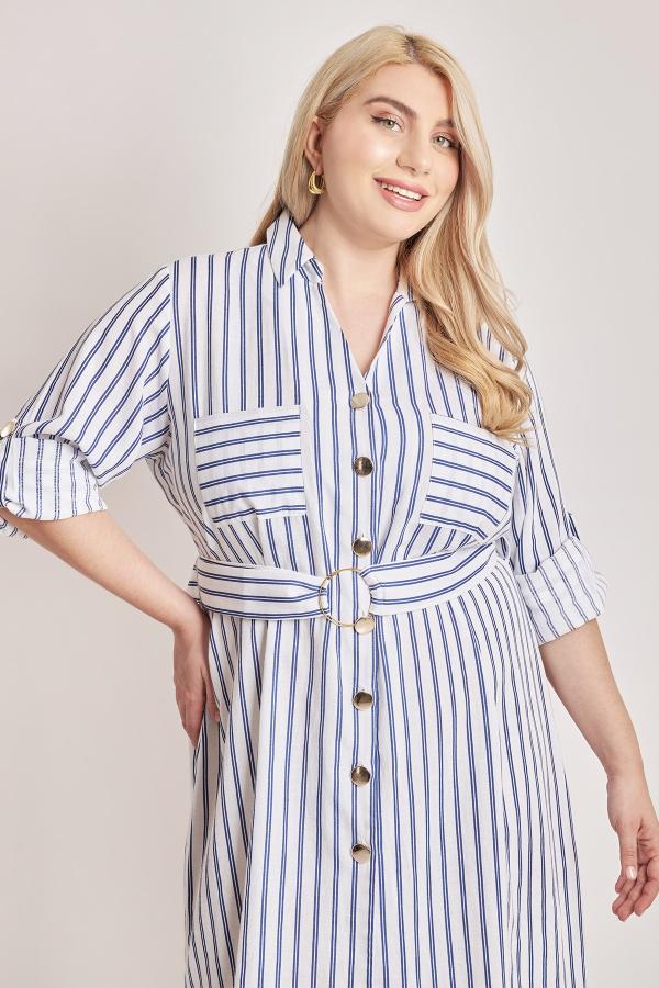 Ριγέ φόρεμα σεμιζιέ με ζώνη