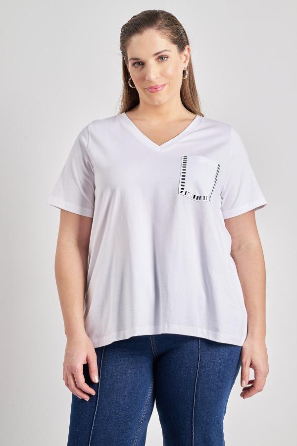 Βαμβακερό T-Shirt με V και τρουκς στο τσεπάκι