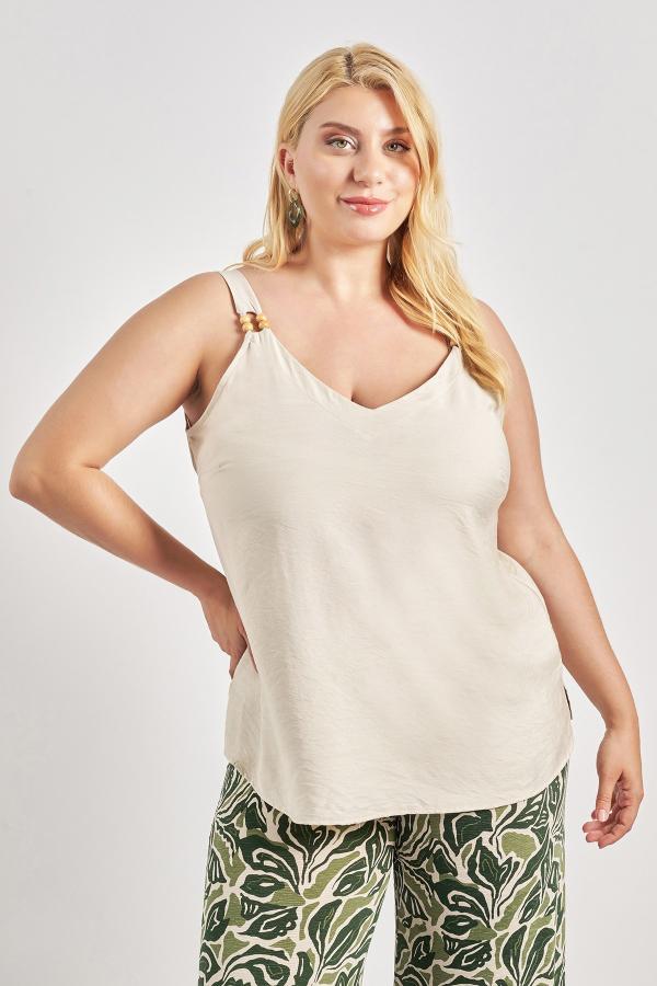 Mπλούζα με τιράντες όψη λινό με χάντρες