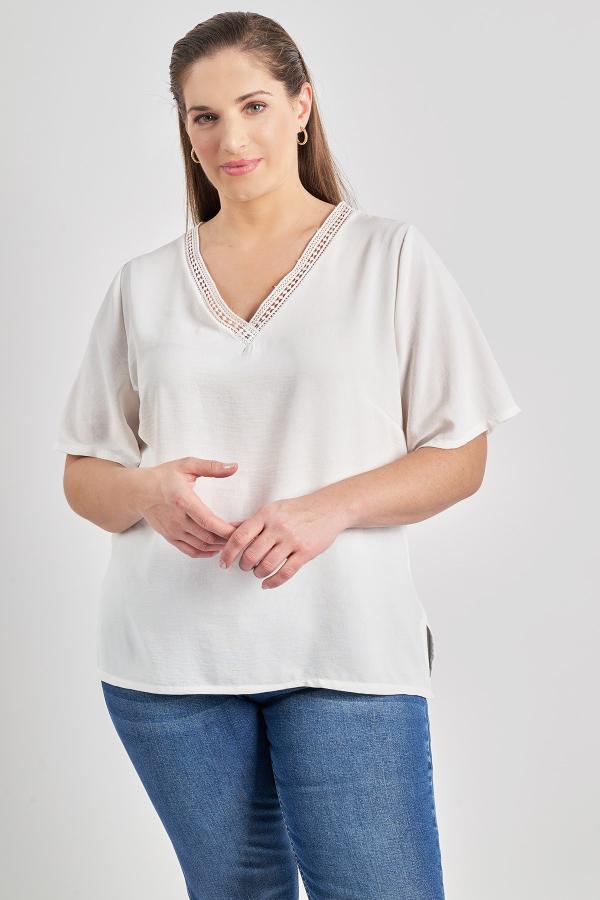 Μπλούζα washed ανάγλυφο με κροσέ στο V