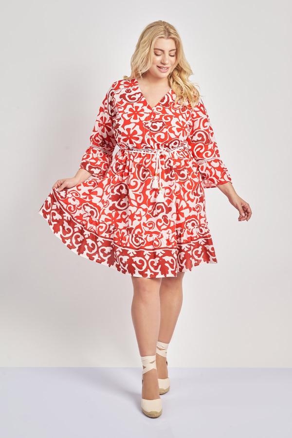 Φόρεμα βαμβακερό εμπριμέ boho με ζωνάκι