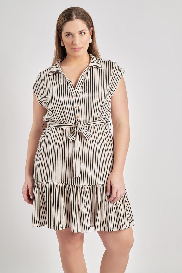 Ριγέ φόρεμα μίνι με βολάν από βισκόζη