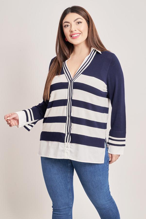 Πλεκτή ζακέτα ριγέ με λεπτομέρειες πουκαμίσου