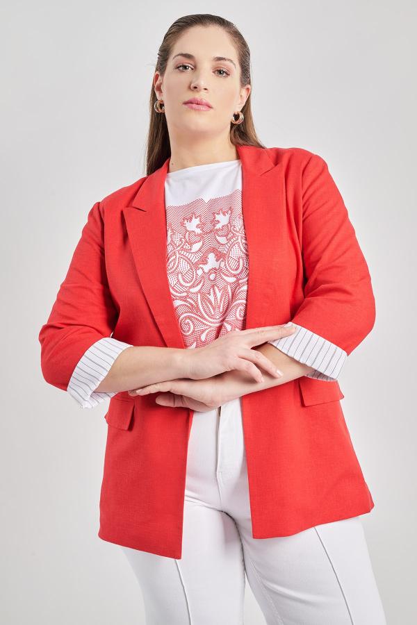 Ανοιχτό μπλέιζερ σύμμεικτο λινό και ριγέ λεπτομέρεια