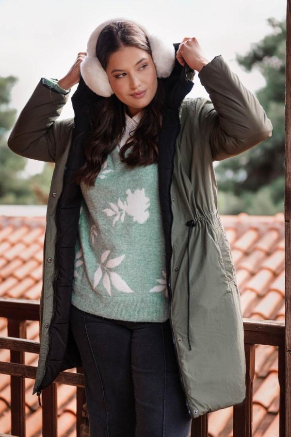 Διπλής όψης μακρύ αδιάβροχο μπουφάν με κουκούλα