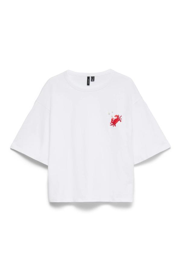 Βαμβακερό T-Shirt με Κέντημα Καβούρι και Πέρλες VERO MODA