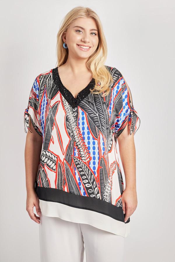 Βραδινή μπλούζα σατέν εμπριμέ ασύμμετρη