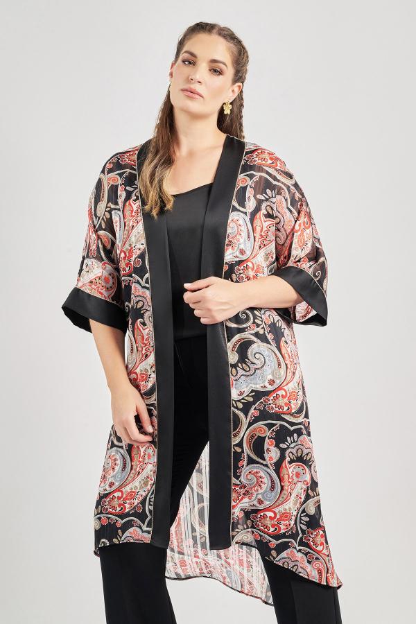 Αέρινο Kιμονό με σατέν φάσα εμπριμέ λαχούρια