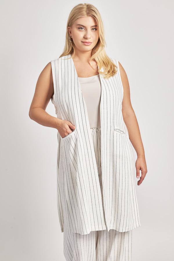 Μακρύ γιλέκο ριγέ με ζώνη σύμμεικτο λινό