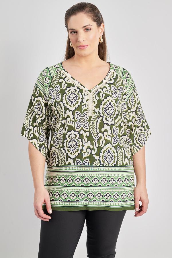 Μπλούζα έθνικ εμπριμέ με μπορντούρα