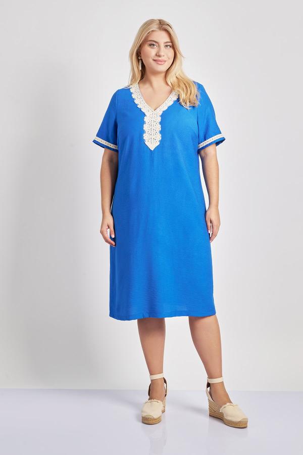 Φόρεμα μίντι σε όψη λινού με λεπτομέρειες κροσέ δαντέλας