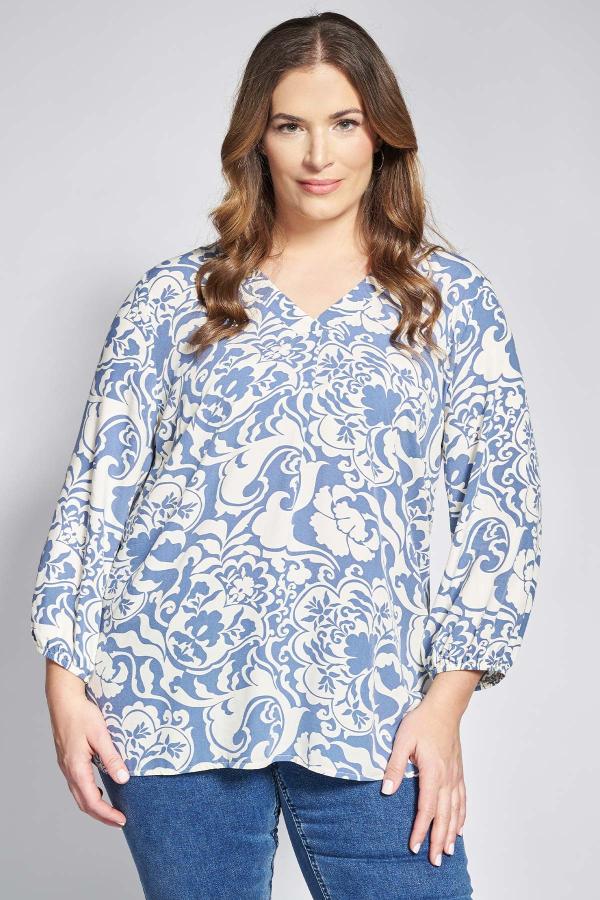 Μπλούζα βισκόζη εμπριμέ boho με πιέτα