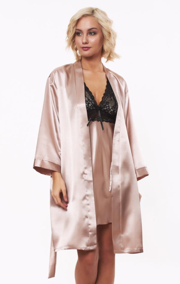 Σατέν Σετ Ρόμπα & Νυχτικιά Belle - Μαύρο-Καφέ - LC9540-Μαύρο-M/L