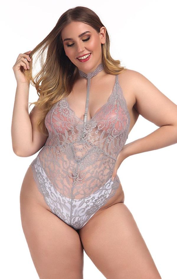 Plus size Δαντελένιο Κορμάκι - Γκρι - LC1314-Γκρι-3XL