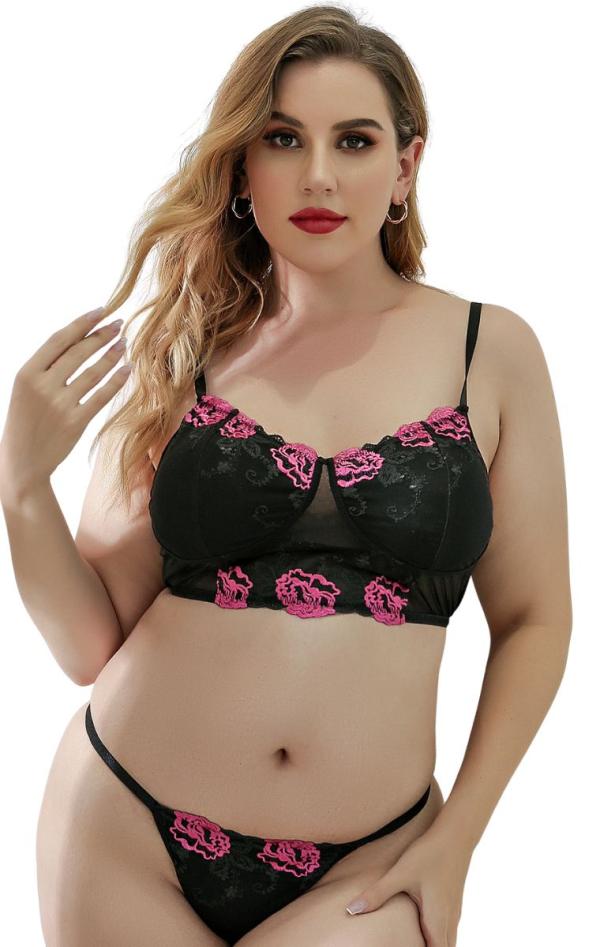 Plus Size Σετ Bustier & String - Μαύρο-Φουξ - LC15653-Μαύρο-Φουξ-XL